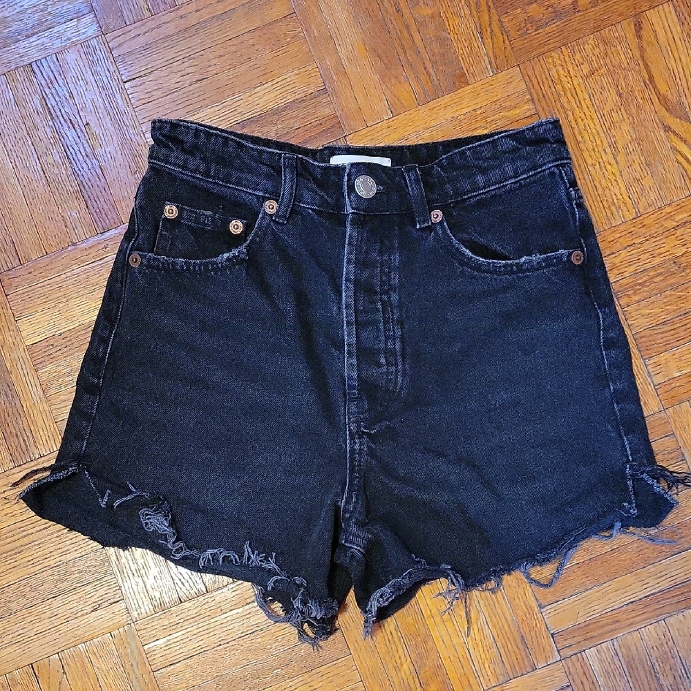 Zara Women's High Rise Distressed Cotton Black Denim Jean Shorts Size 4